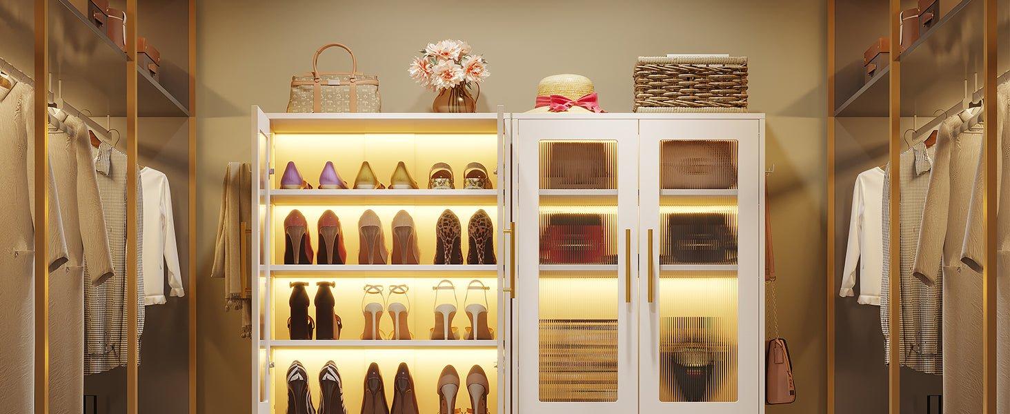Freestanding White Shoe Rack with Doors and Led Light for Closet, Entryway