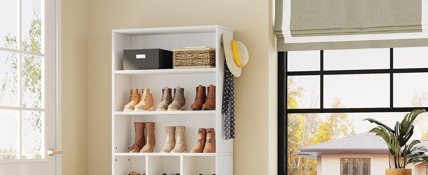 Freestanding Shoe Cabinet, 24 Pair Shoe Rack with Side Hooks