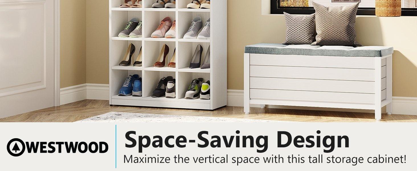 Freestanding Shoe Cabinet, 24 Pair Shoe Rack with Side Hooks