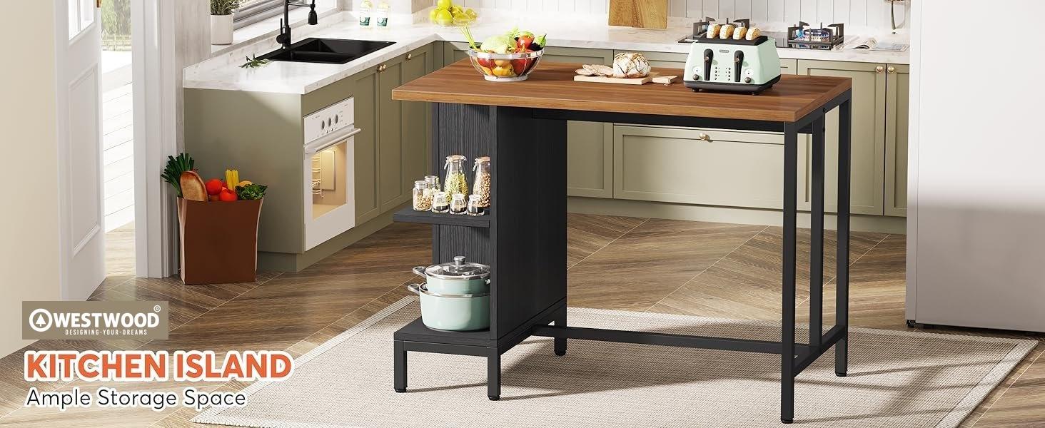 43" Kitchen Island Kitchen Counter Table with 5 Open Shelves