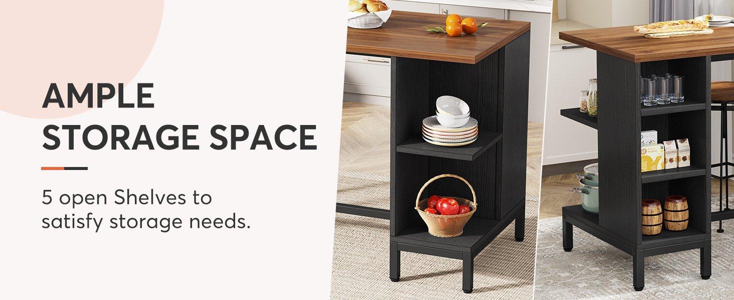 43" Kitchen Island Kitchen Counter Table with 5 Open Shelves