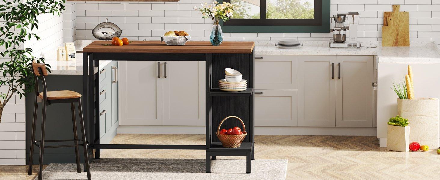 43" Kitchen Island Kitchen Counter Table with 5 Open Shelves
