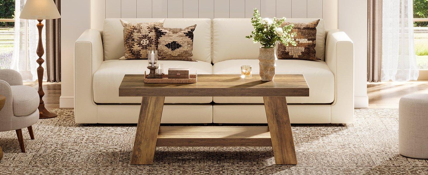 Rustic Brown Coffee Table with Storage Shelf
