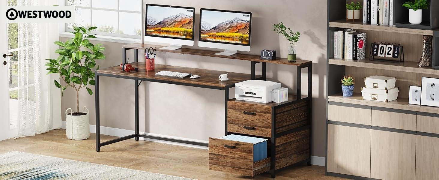 63" Computer Desk, Ergonomic Office Desk with Drawers & Monitor Stand
