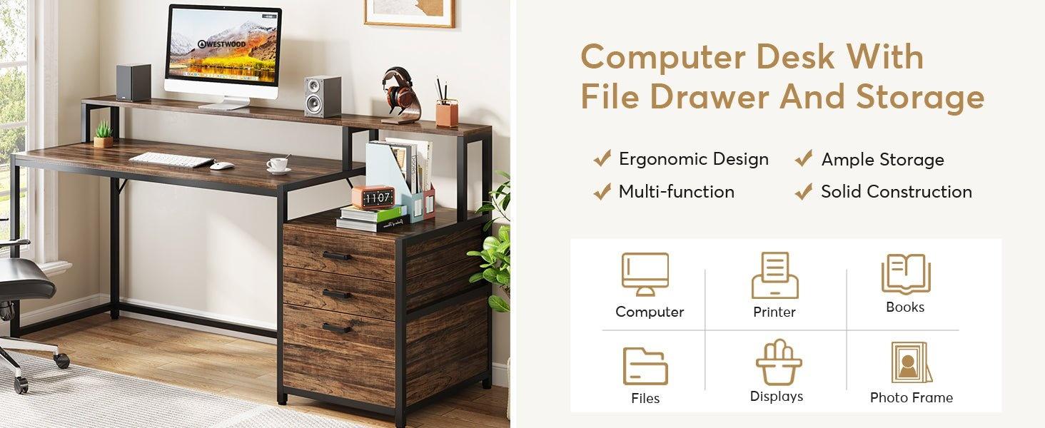 63" Computer Desk, Ergonomic Office Desk with Drawers & Monitor Stand