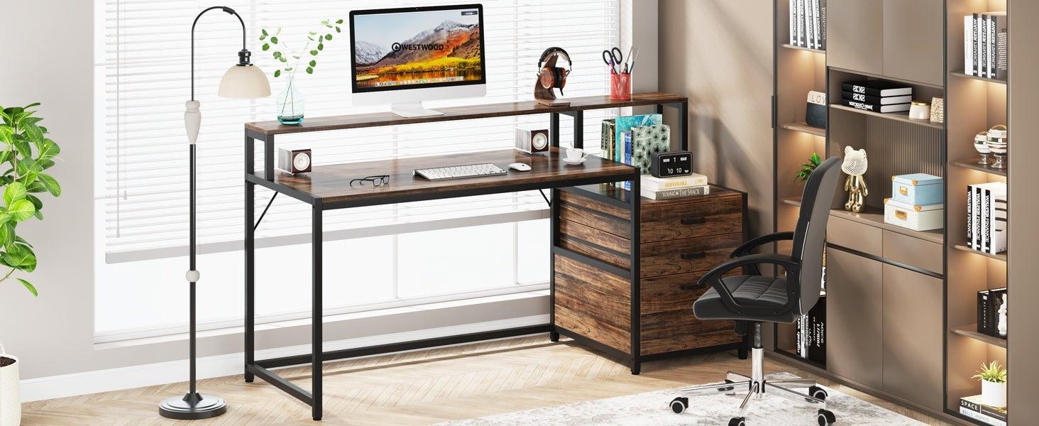 63" Computer Desk, Ergonomic Office Desk with Drawers & Monitor Stand
