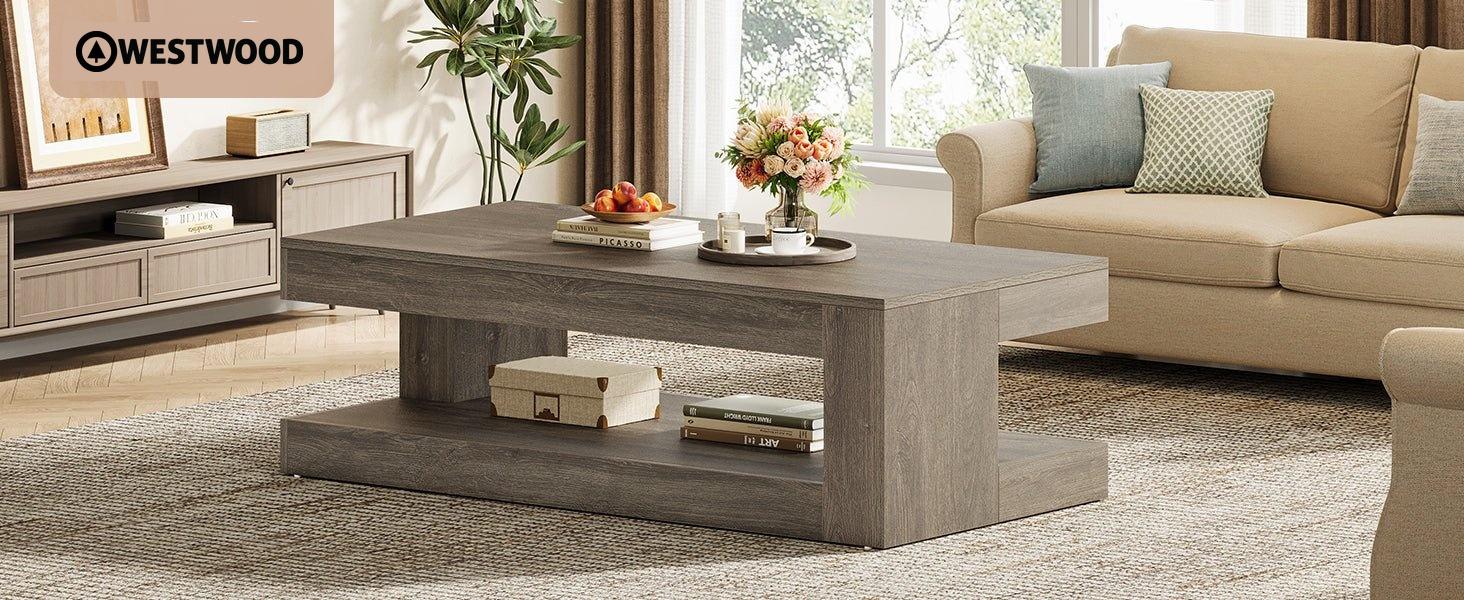 47.24" Coffee Table, Farmhouse 2-Tier Tea Center Table with Storage
