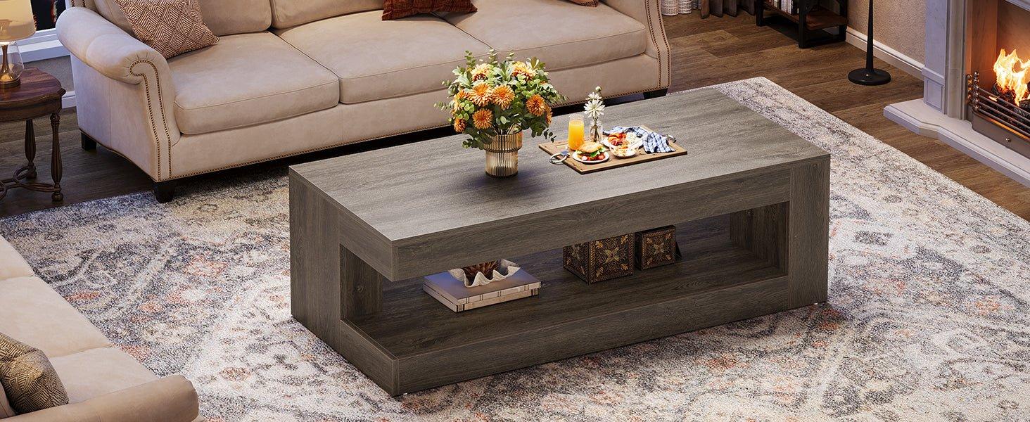 47.24" Coffee Table, Farmhouse 2-Tier Tea Center Table with Storage
