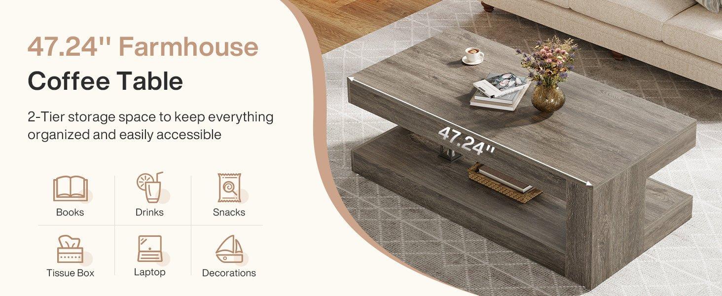 47.24" Coffee Table, Farmhouse 2-Tier Tea Center Table with Storage
