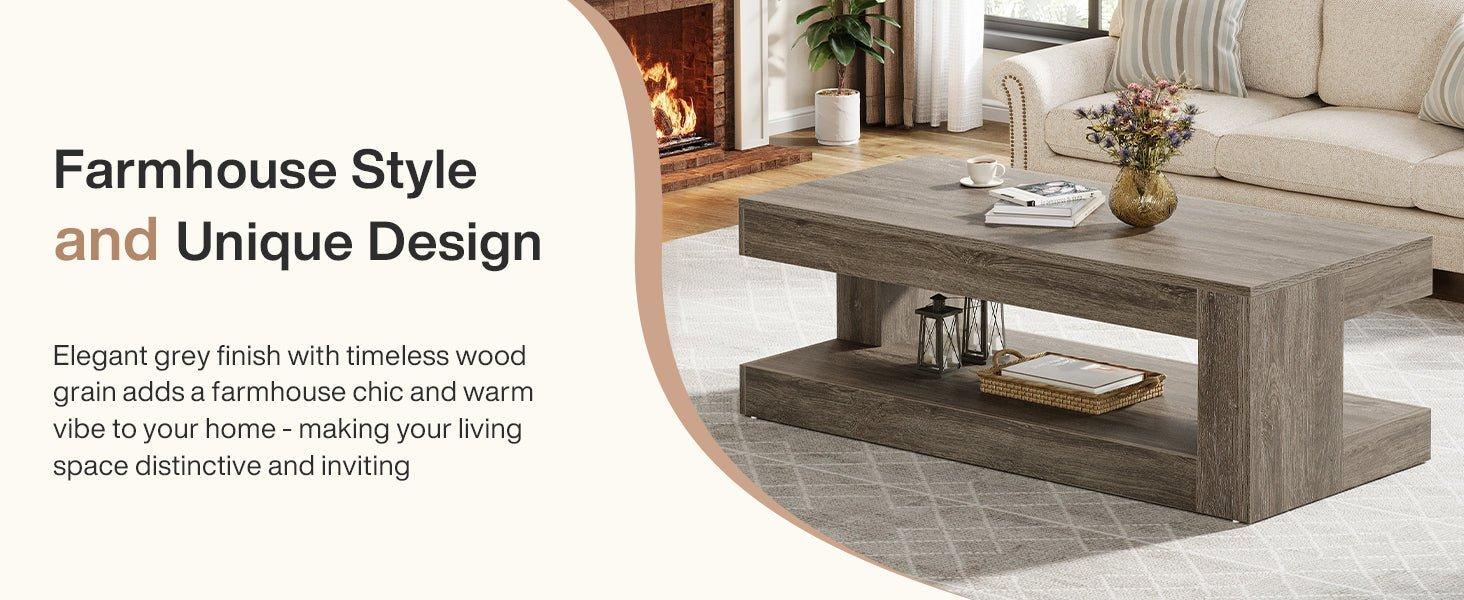 47.24" Coffee Table, Farmhouse 2-Tier Tea Center Table with Storage