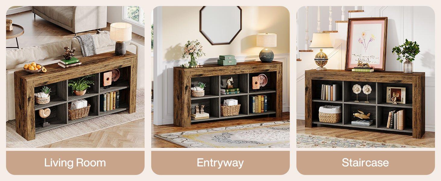 Wood Sofa Table, Rustic Console Table Entryway Table with 6 Storage Cubes