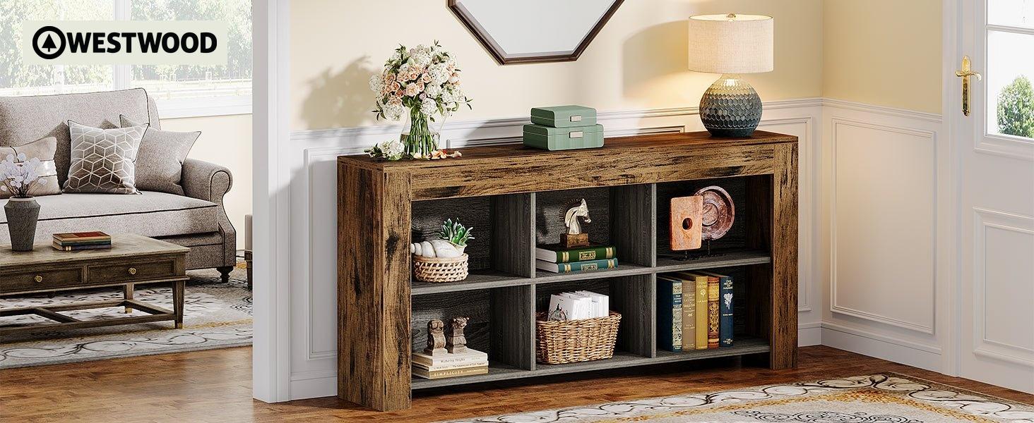 Wood Sofa Table, Rustic Console Table Entryway Table with 6 Storage Cubes