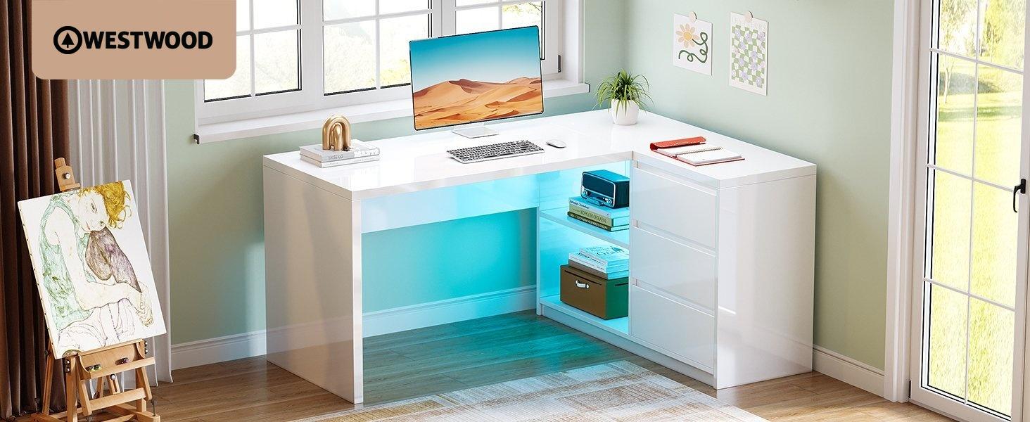 Westwood White Home Office L-Shaped Desk with Drawers