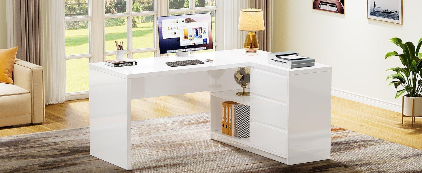 55" L-Shaped Desk with LED Lights, Executive Computer Desk with 3 Drawers