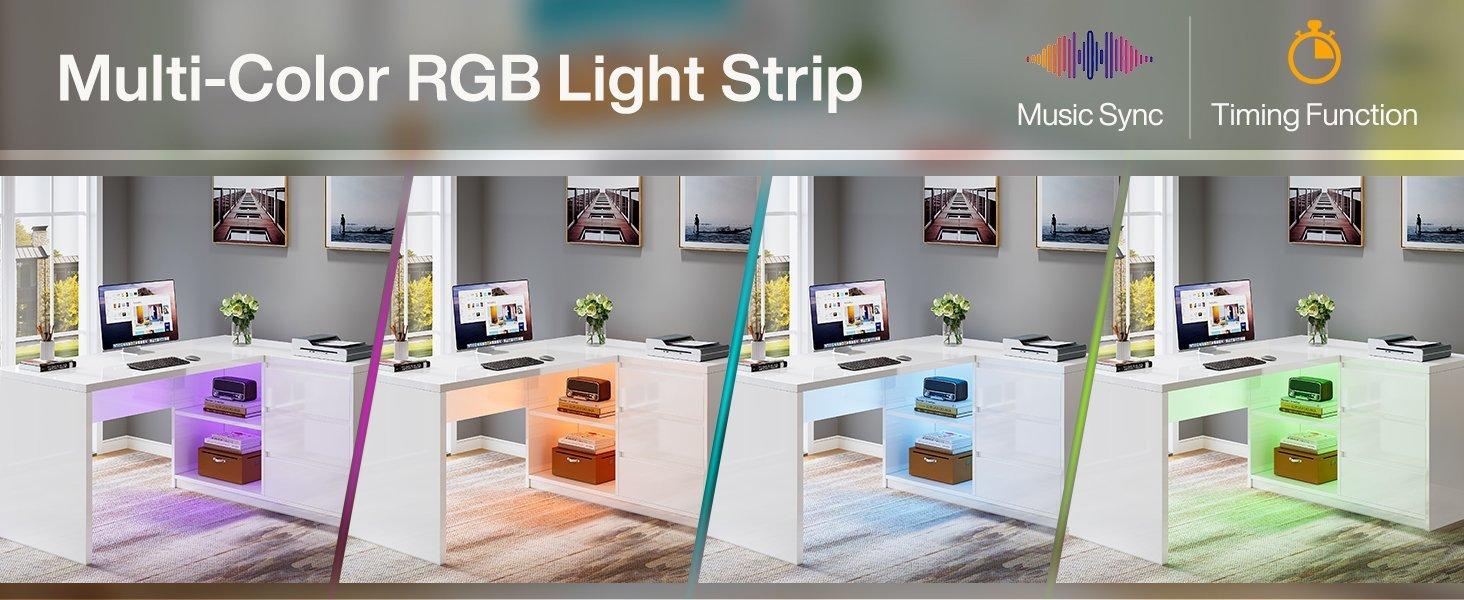 55" L-Shaped Desk with LED Lights, Executive Computer Desk with 3 Drawers
