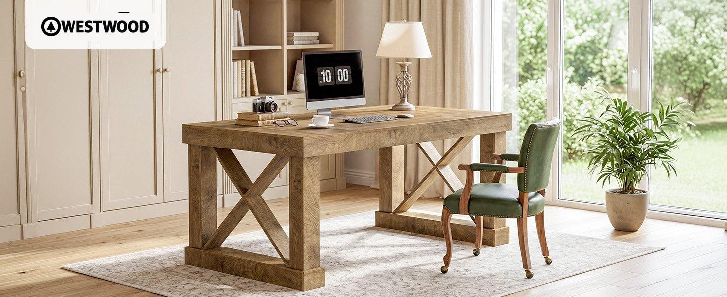 63" Executive Office Desk, Farmhouse Computer Desk with Heavy-Duty Frame for Home Office