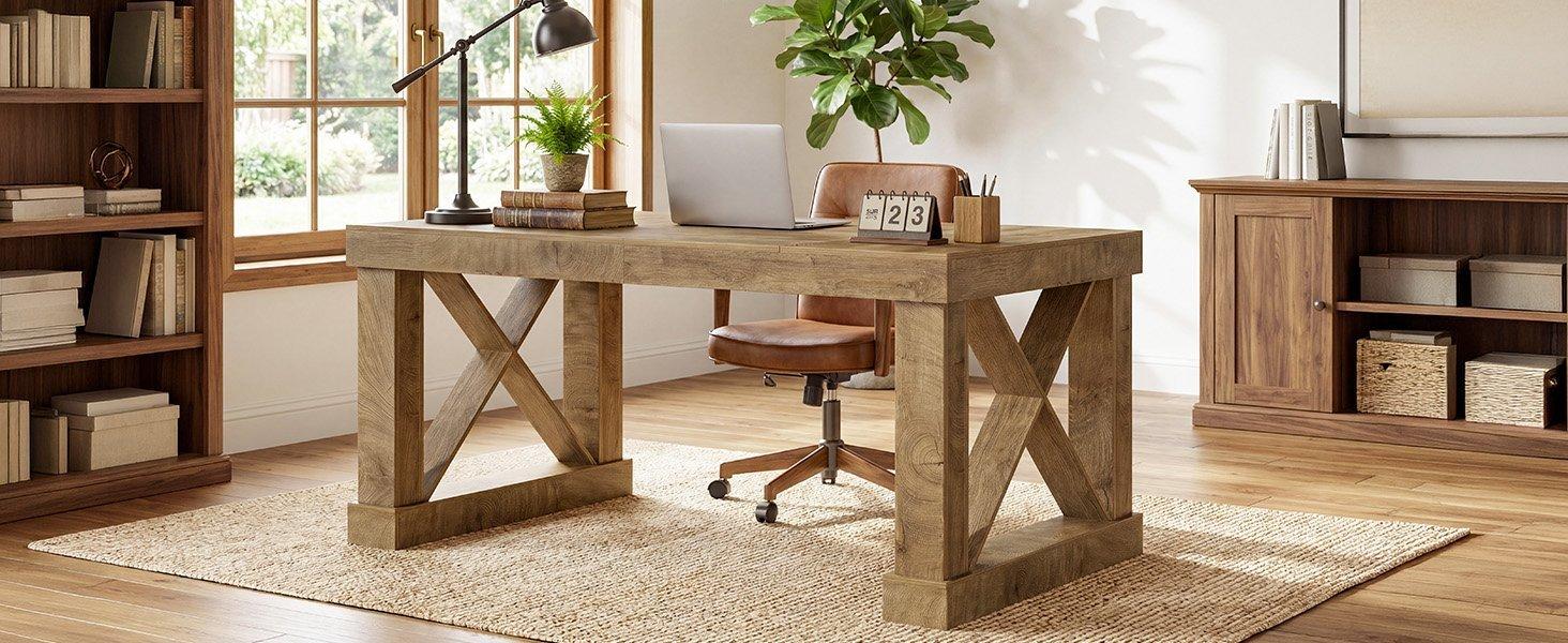 63" Executive Office Desk, Farmhouse Computer Desk with Heavy-Duty Frame for Home Office