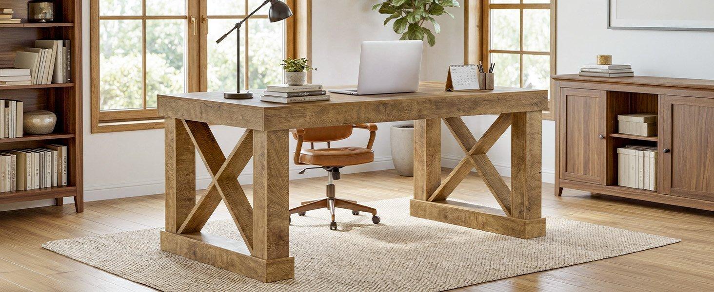 63" Executive Office Desk, Farmhouse Computer Desk with Heavy-Duty Frame for Home Office