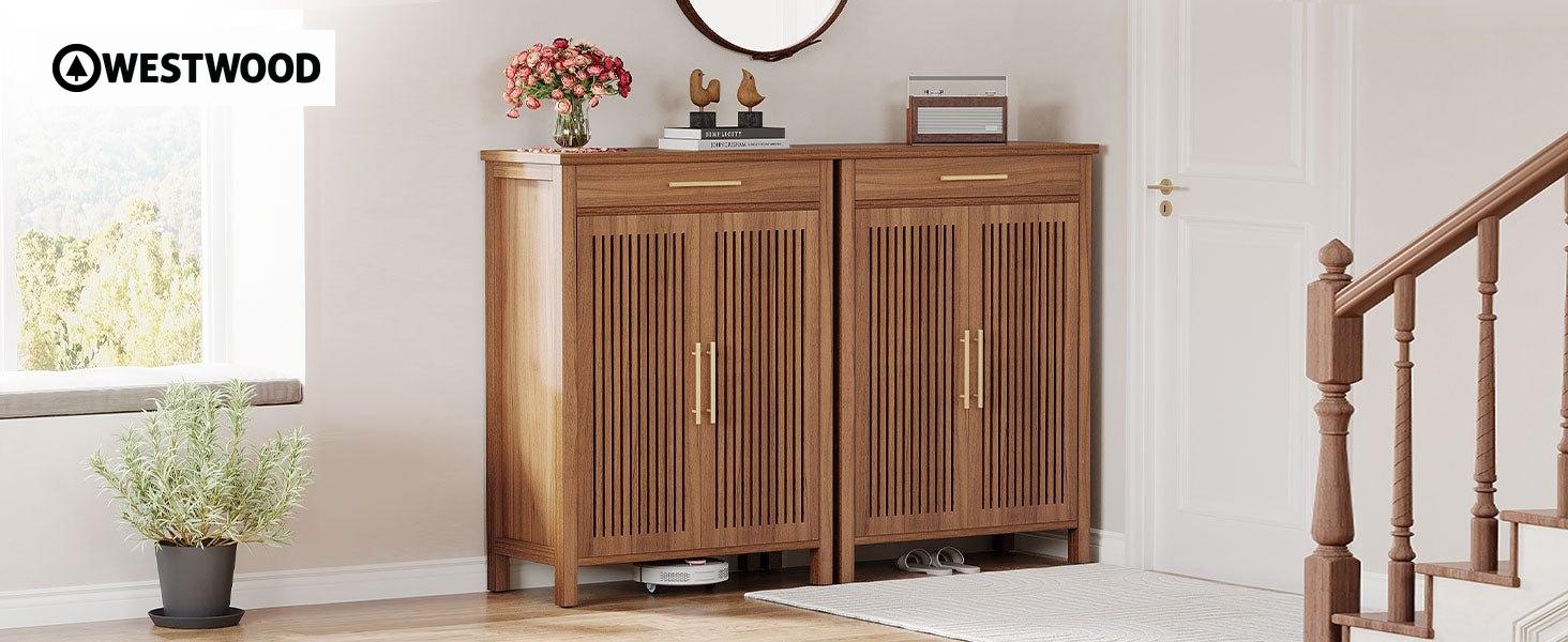 5-Tier Shoe Cabinet with Louvered Doors and Drawer
