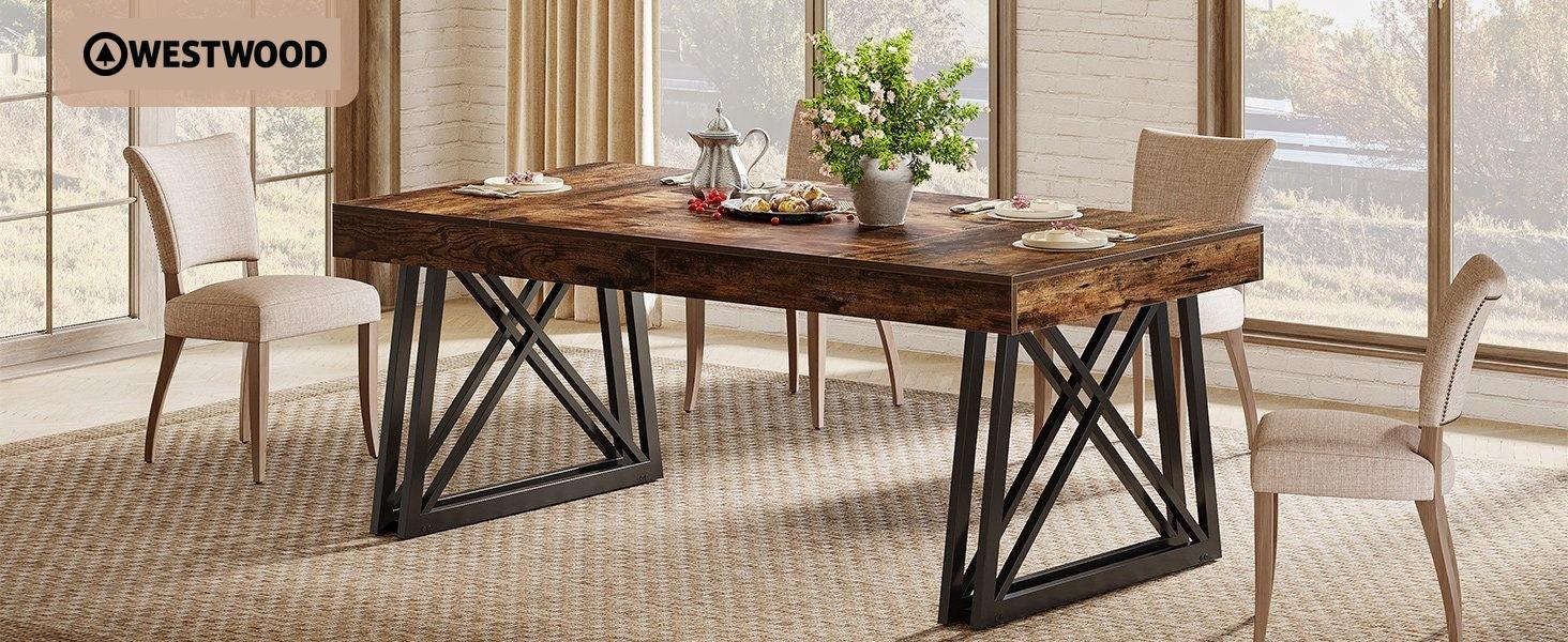63" Dining Table, Farmhouse Kitchen Table with Sturdy Metal Legs for 4-6