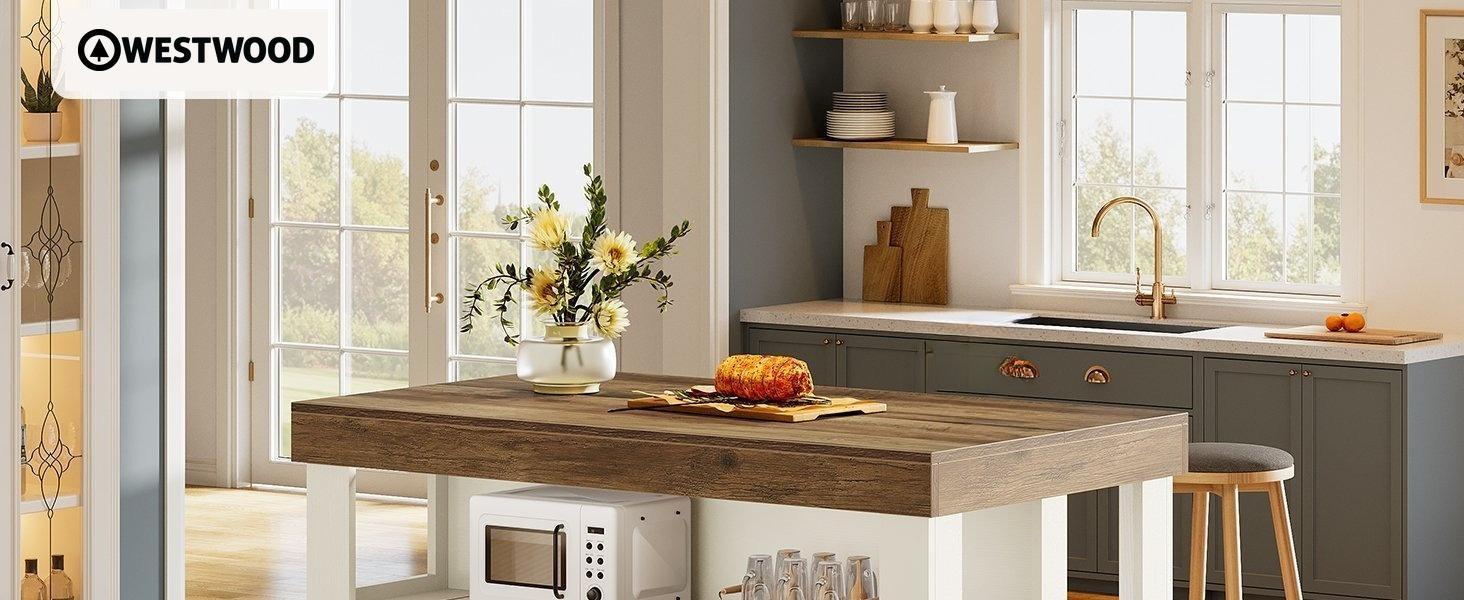 55" Kitchen Island, Breakfast Counter with Seating and Storage Shelves