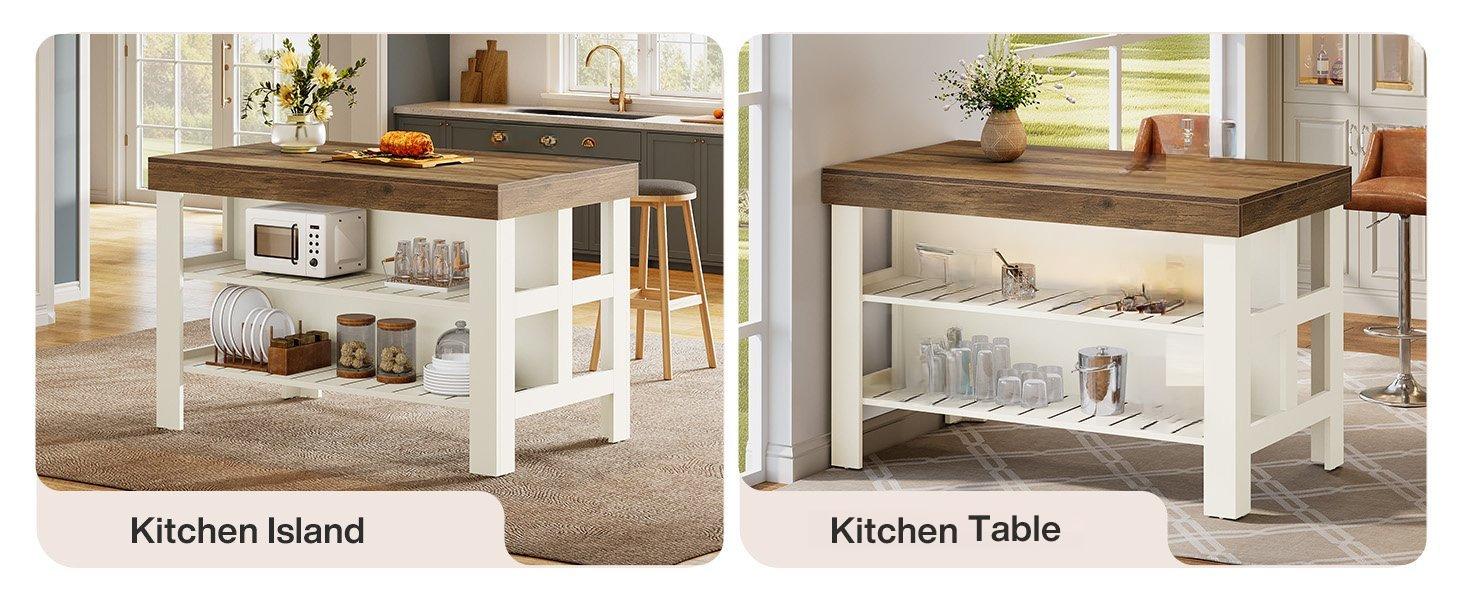 55" Kitchen Island, Breakfast Counter with Seating and Storage Shelves