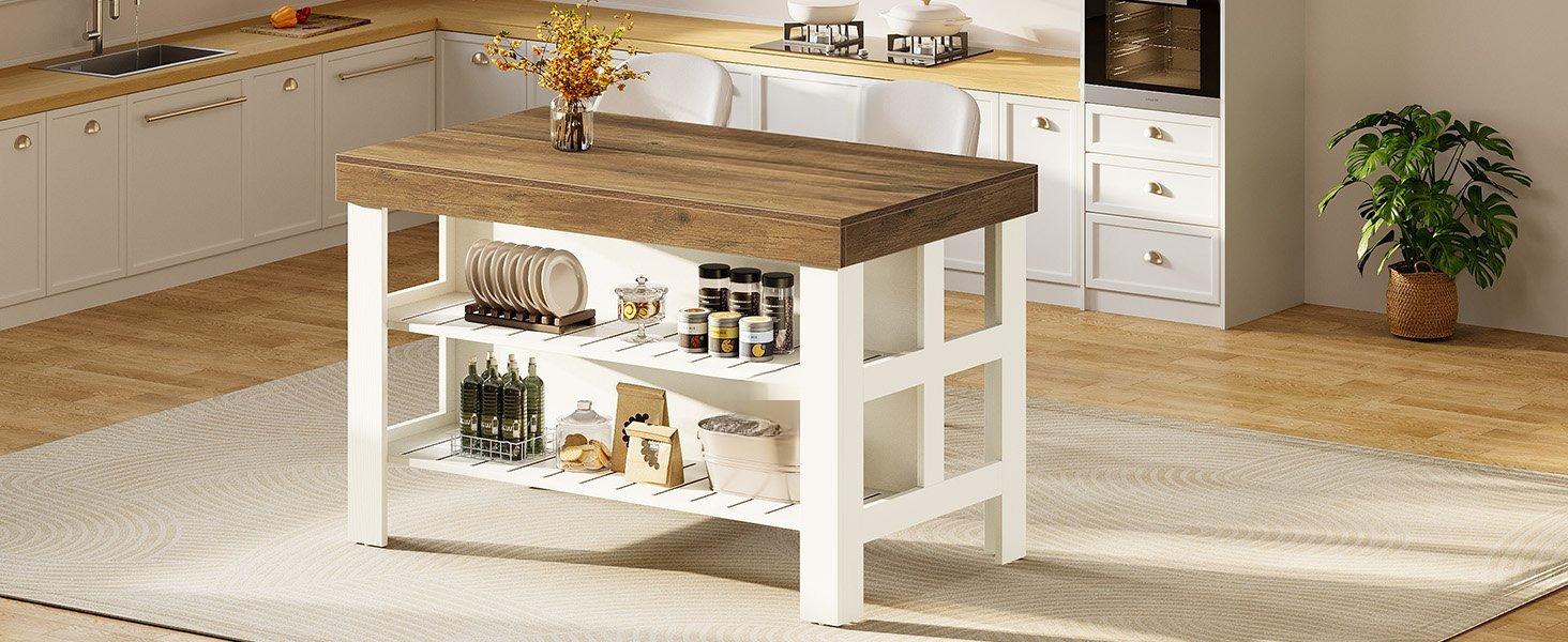 55" Kitchen Island, Breakfast Counter with Seating and Storage Shelves