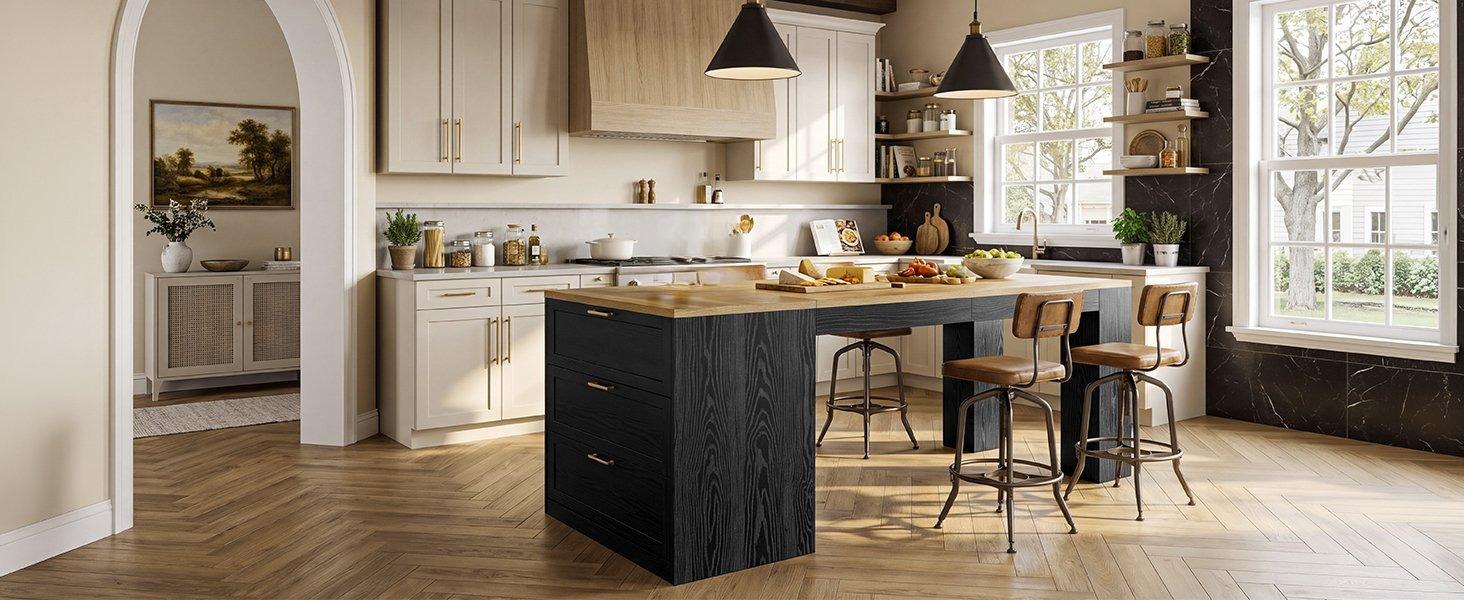 78.7" Extra Long Kitchen Island with 3 Drawers, Modern Prep Table, Large Leg Room