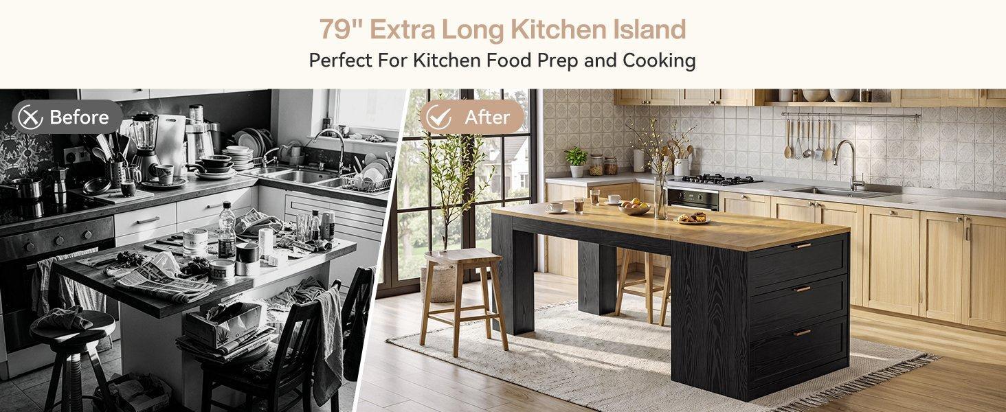 78.7" Extra Long Kitchen Island with 3 Drawers, Modern Prep Table, Large Leg Room