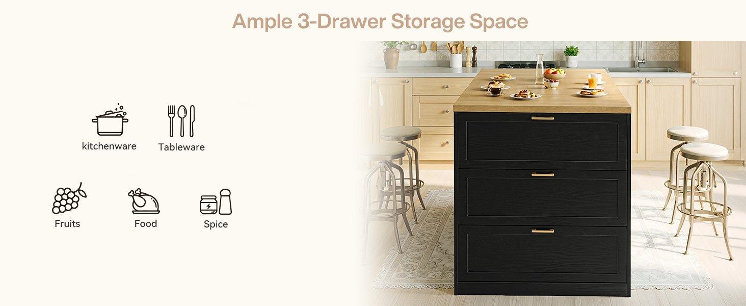 78.7" Extra Long Kitchen Island with 3 Drawers, Modern Prep Table, Large Leg Room