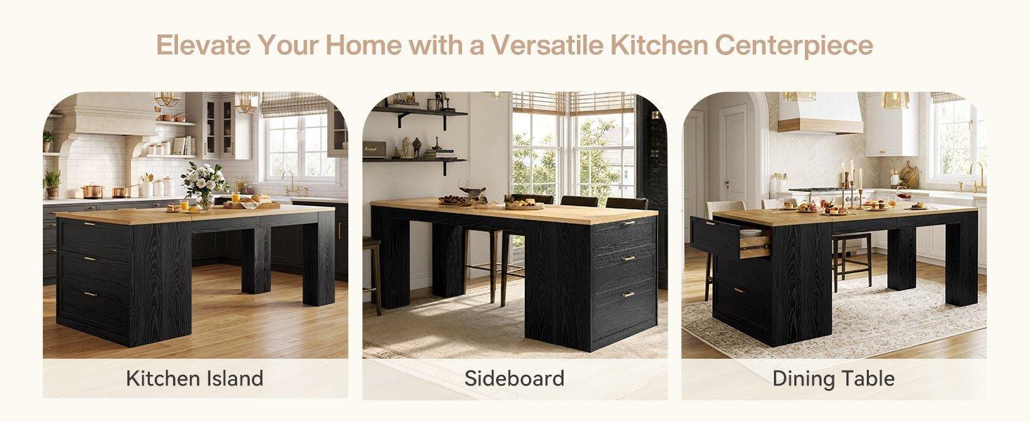 78.7" Extra Long Kitchen Island with 3 Drawers, Modern Prep Table, Large Leg Room