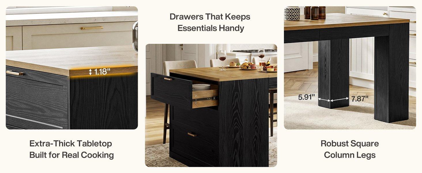 78.7" Extra Long Kitchen Island with 3 Drawers, Modern Prep Table, Large Leg Room