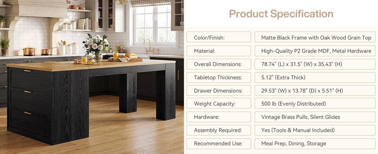 78.7" Extra Long Kitchen Island with 3 Drawers, Modern Prep Table, Large Leg Room