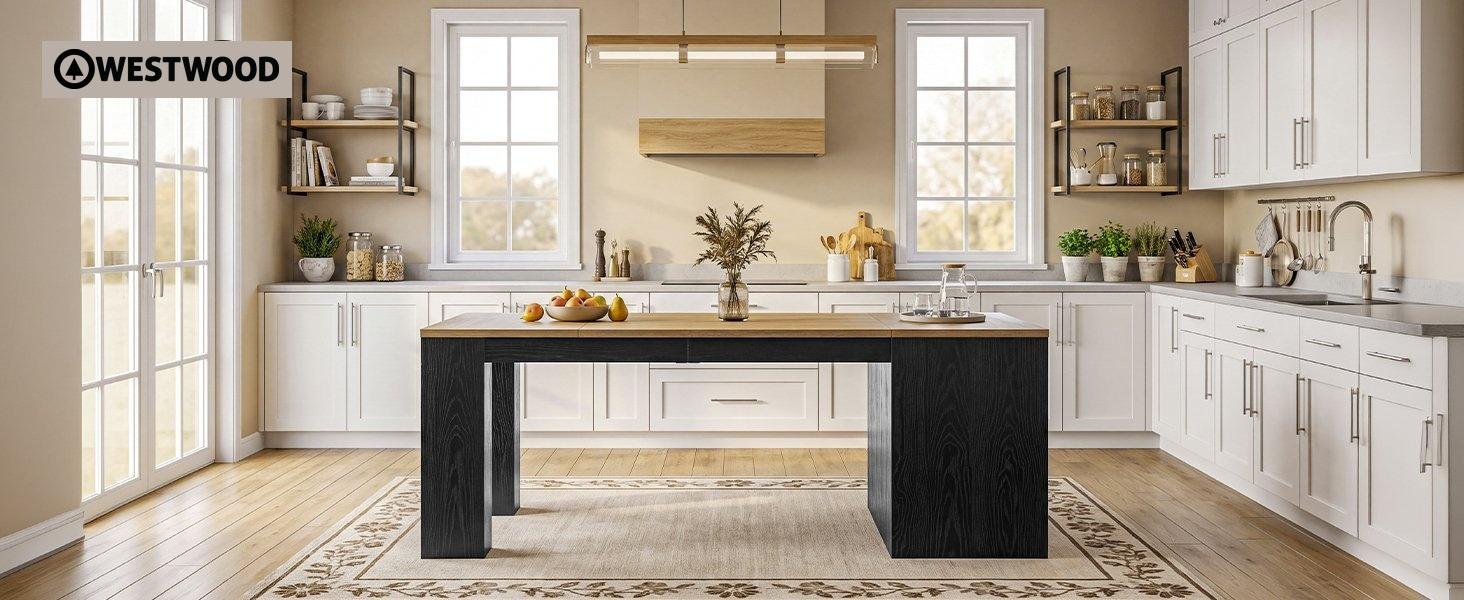78.7" Extra Long Kitchen Island with 3 Drawers, Modern Prep Table, Large Leg Room