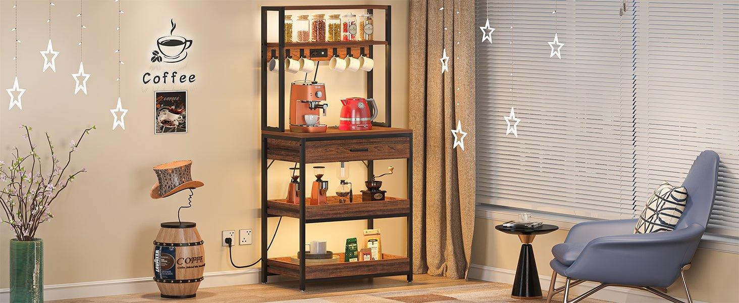 5-Tier Kitchen Baker's Rack with Power Outlets, Drawer & Sliding Shelves