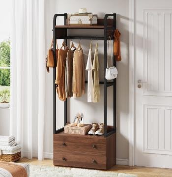 Freestanding Clothes Rack with 2 Drawers, Top Shelf and 6 Hanging Hooks
