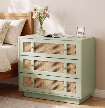 31.5" Rattan Nightstand, Oversized Bedside Table with 3 Drawers for Bedroom