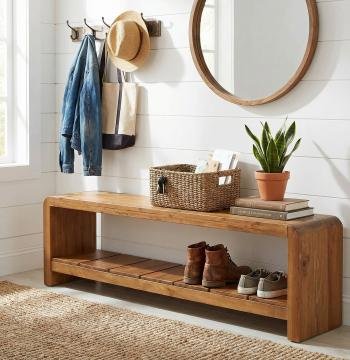 59" Solid Wood Entryway Bench, Farmhouse End of Bed Seating Shoe Bench with Storage