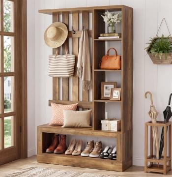 70.87" Farmhouse Hall Tree with Storage Bench & Hooks for Entryway