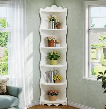 5-Tier Corner Shelf, 70.8" Corner Bookshelf Wavy Shaped Display Rack