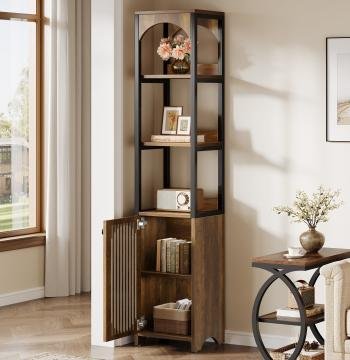 71.6" Bookshelf with Cabinet, Narrow Bookcase with Open Storage Shelves
