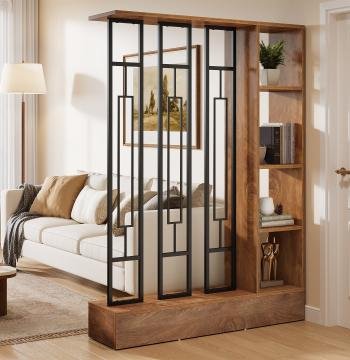 70.9" Wall Room Divider, Freestanding Wall Partition with Display Shelves
