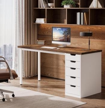 Modern Computer Desk, 47" Study Writing Table with 5 Reversible Drawers for Home Office