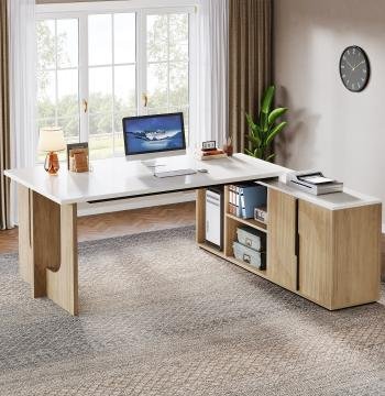 74" Executive Desk, L-Shaped Computer Desk Office Desk With Cabinet