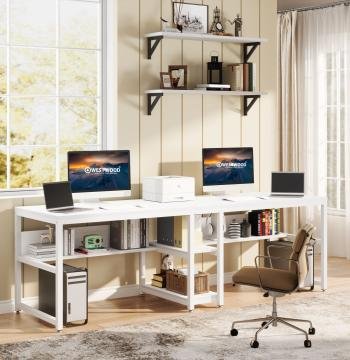 78.7" Two Person Desk, Double Computer Desk with Bookshelf