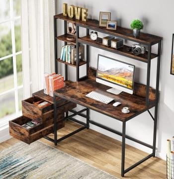 Westwood 55 Inch Computer Desk with Storage Shelves, Rustic Office Desk with Drawers