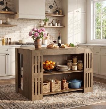 55" Kitchen Island, 3-Tier Farmhouse Stationary Center Island Table with Spacious Worktop