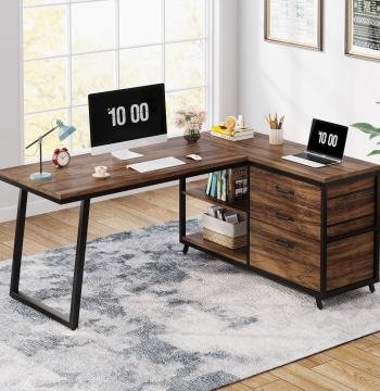 53" Reversible L-Shaped Computer Desk With 3 Drawers & Shelves