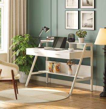 White Computer Desk, 47" Writing Desk with Storage Shelf & Drawers