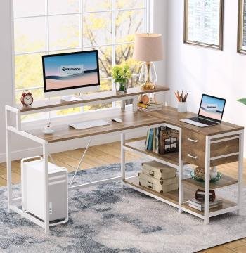 Reversible L-Shaped Desk, Industrial Corner Desk with Drawer & Shelves